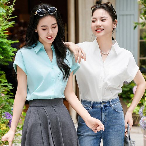 谭飞V领显瘦优雅短袖夏凉衬衫女