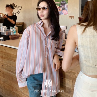 PEACHES DAYd u家飛馬清冷條紋男友風寬松抗皺襯衫 ALL