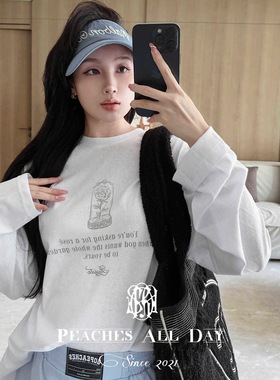 PEACHES ALL DAY原创手绘玫瑰 宽松舒适百搭廓形显瘦长袖白粉T恤