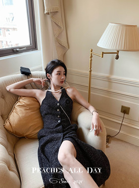 PEACHES ALL DAY卡米拉进口粗花呢小香珠宝纽扣挂脖马甲背心上衣