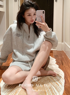 PEACHES ALL DAY丰盛法则MONEYTALK原创字母帽子加绒慵懒卫衣套装