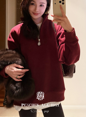 PEACHES ALL DAY蜜桃杀手 男友复古学院宽松加绒卫衣酒红藏蓝加绒