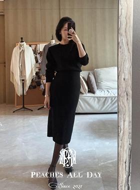 PEACHES ALL DAY连连看打底裙百搭气质黑色连衣裙女秋修身显瘦