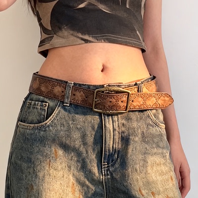美式复古y2k腰带配饰皮带女款百搭配牛仔裤带高级感棕色宽腰带