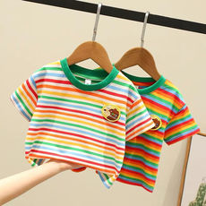 100%纯棉夏季男女童彩虹条纹短袖T恤中小儿童新款宝宝上衣