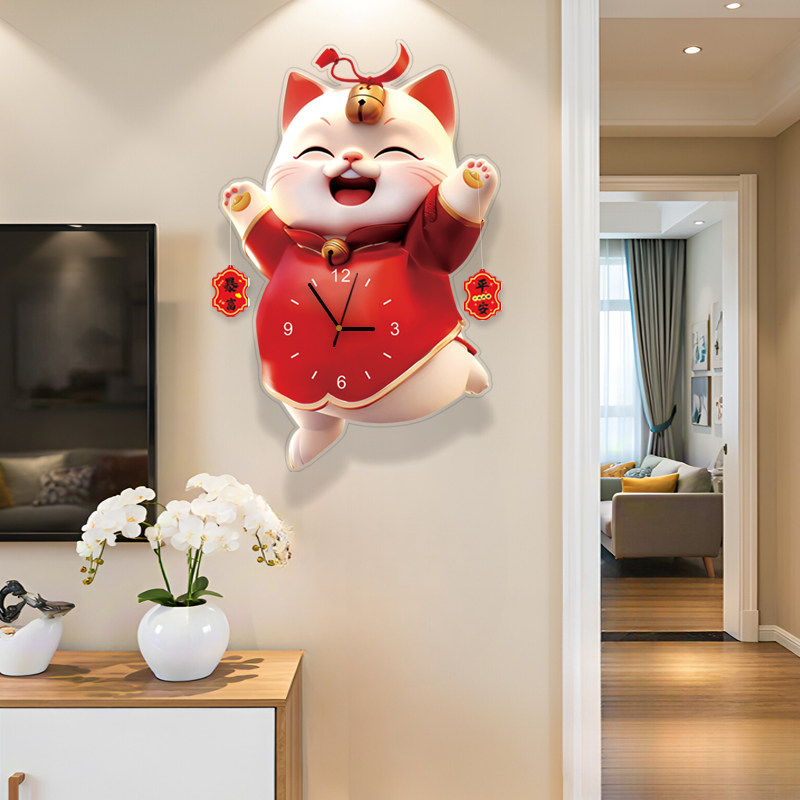 静音免打孔招财猫挂钟客厅钟表