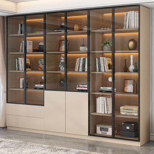 实木书柜一体到顶家用轻奢玻璃门防尘书架书橱现代简约展示柜组合