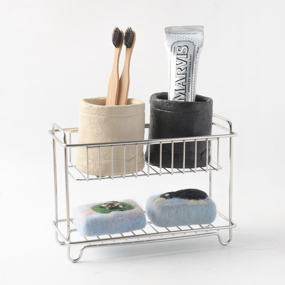 oakliving304不锈钢双层收纳架浴室洗漱用品置物架简约百搭储物篮