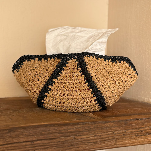 oakliving度假风手工草编纸巾盒家用客厅牛角包撞色创意收纳袋