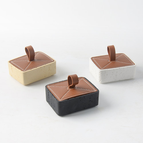 oakliving法式轻奢现代简约天然洞石牙签盒皮质盖子百搭家用收纳
