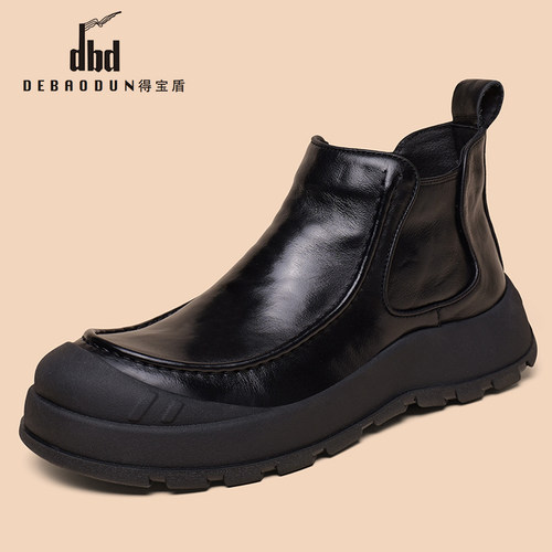 头层牛皮加绒高帮套脚男短靴