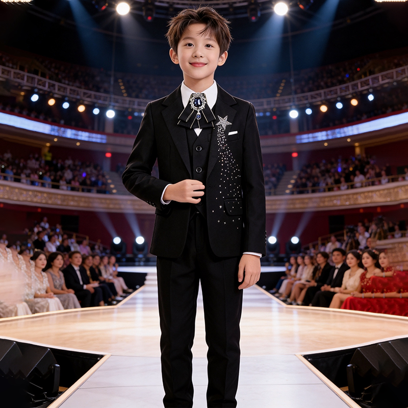 男童西装黑色外套西服儿童舞台晚会男孩钢琴演奏演出服主持人礼服