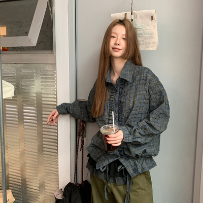 尺尺间Lsland复古格纹肌理感长袖衬衫女秋季新款抽绳设计宽松衬衣