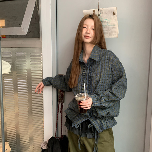 尺尺间Lsland复古格纹肌理感长袖衬衫女秋季新款抽绳设计宽松衬衣