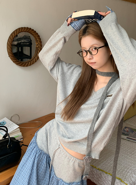 尺尺间Lsland V领针织格纹拼接长袖毛衣女秋季新款宽松慵懒风上衣