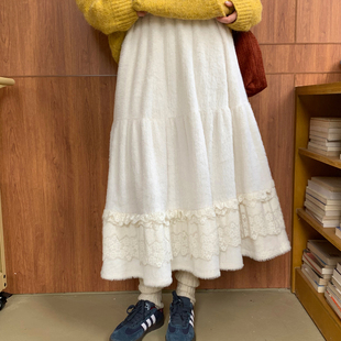 尺尺间Lsland绒感白色半身长裙女秋冬新款 加厚高克重花边a字裙