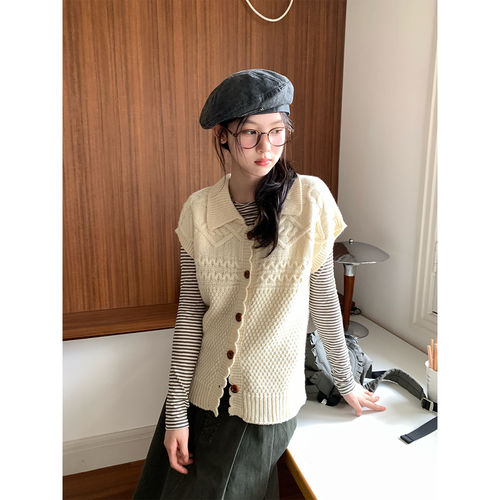 尺尺间Lsland韩系翻领麻花针织马甲女秋新款叠穿宽松外搭毛衣背心