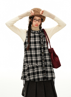 尺尺间Lsland韩系复古格纹背心马甲女春季新款叠穿宽松上衣