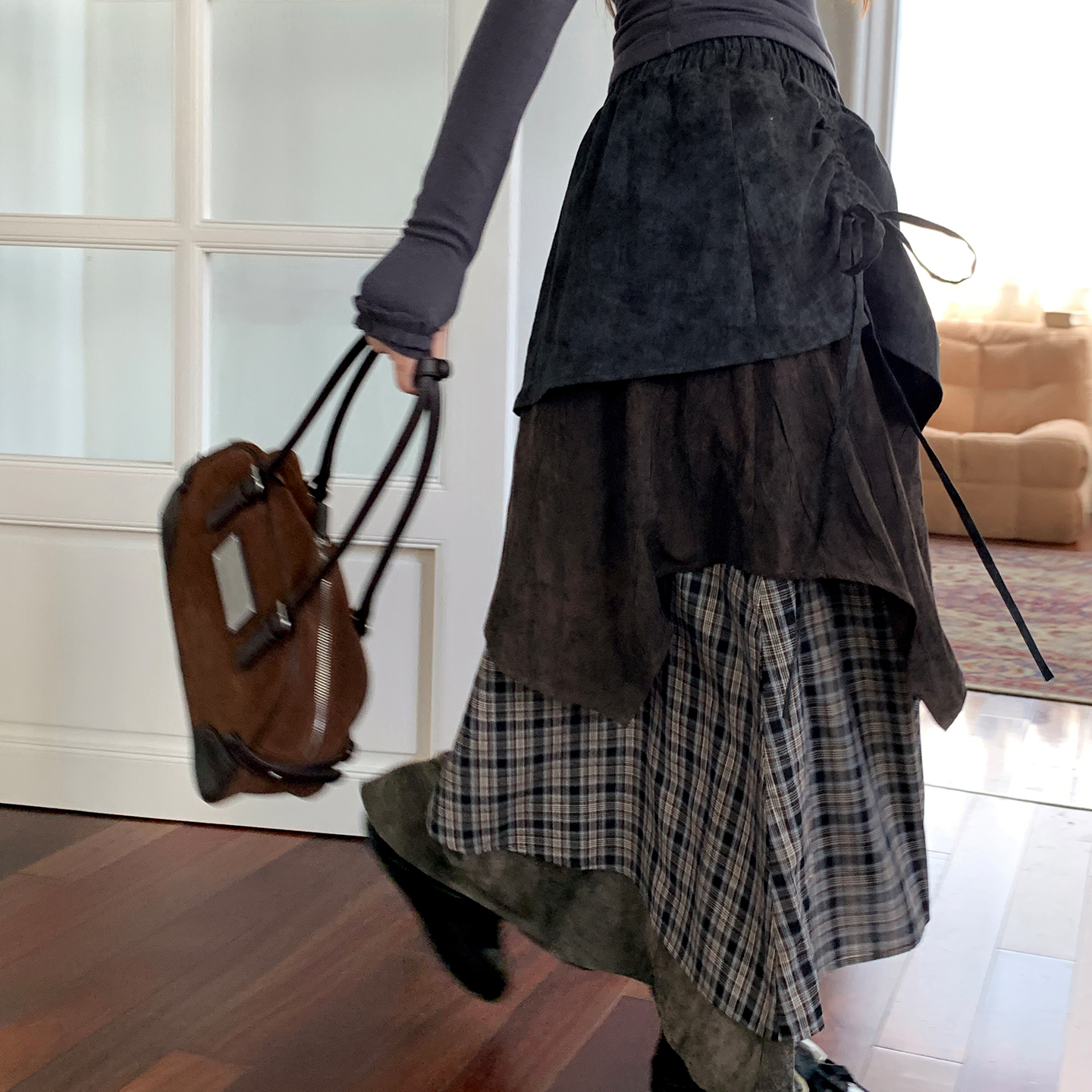 尺尺间Lsland  复古格纹多层撞色蛋糕半身裙女秋季新款设计感长裙