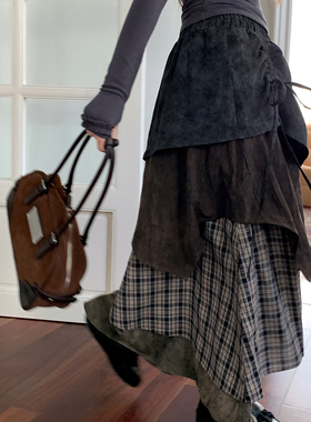 尺尺间Lsland  复古格纹多层撞色蛋糕半身裙女秋季新款设计感长裙