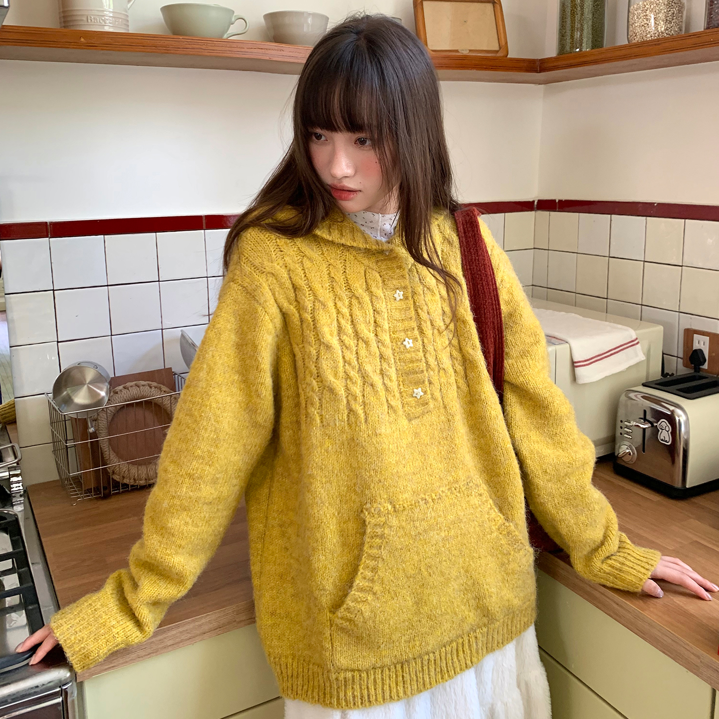 尺尺间Lsland韩系麻花连帽毛衣女秋冬新款设计感加厚慵懒宽松上衣