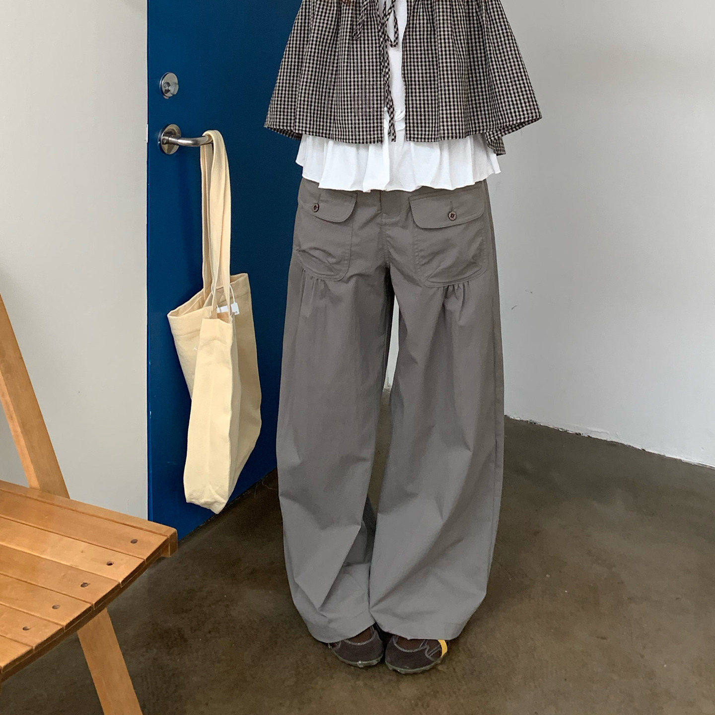 尺尺间Lsland韩系复古褶皱口袋工装休闲裤女夏季新款直筒阔腿长裤