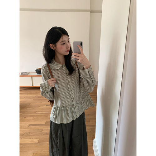 尺尺间Lsland韩系复古娃娃领格纹花边长袖衬衫女秋季新款宽松上衣