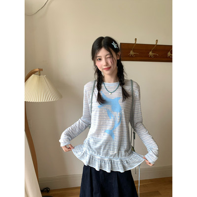 尺尺间Lsland海豚印花条纹长袖t恤女秋季新款圆领荷叶边抽绳上衣