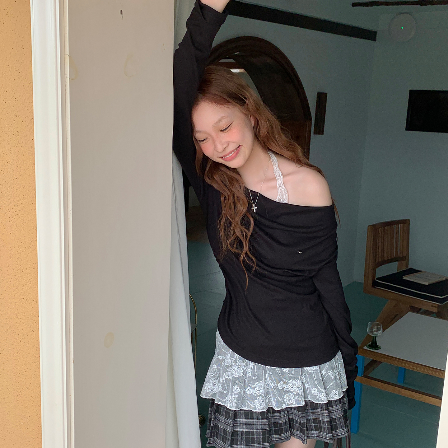 尺尺间Lsland 韩系蕾丝挂脖内搭长袖t恤女秋季新款设计感两件套