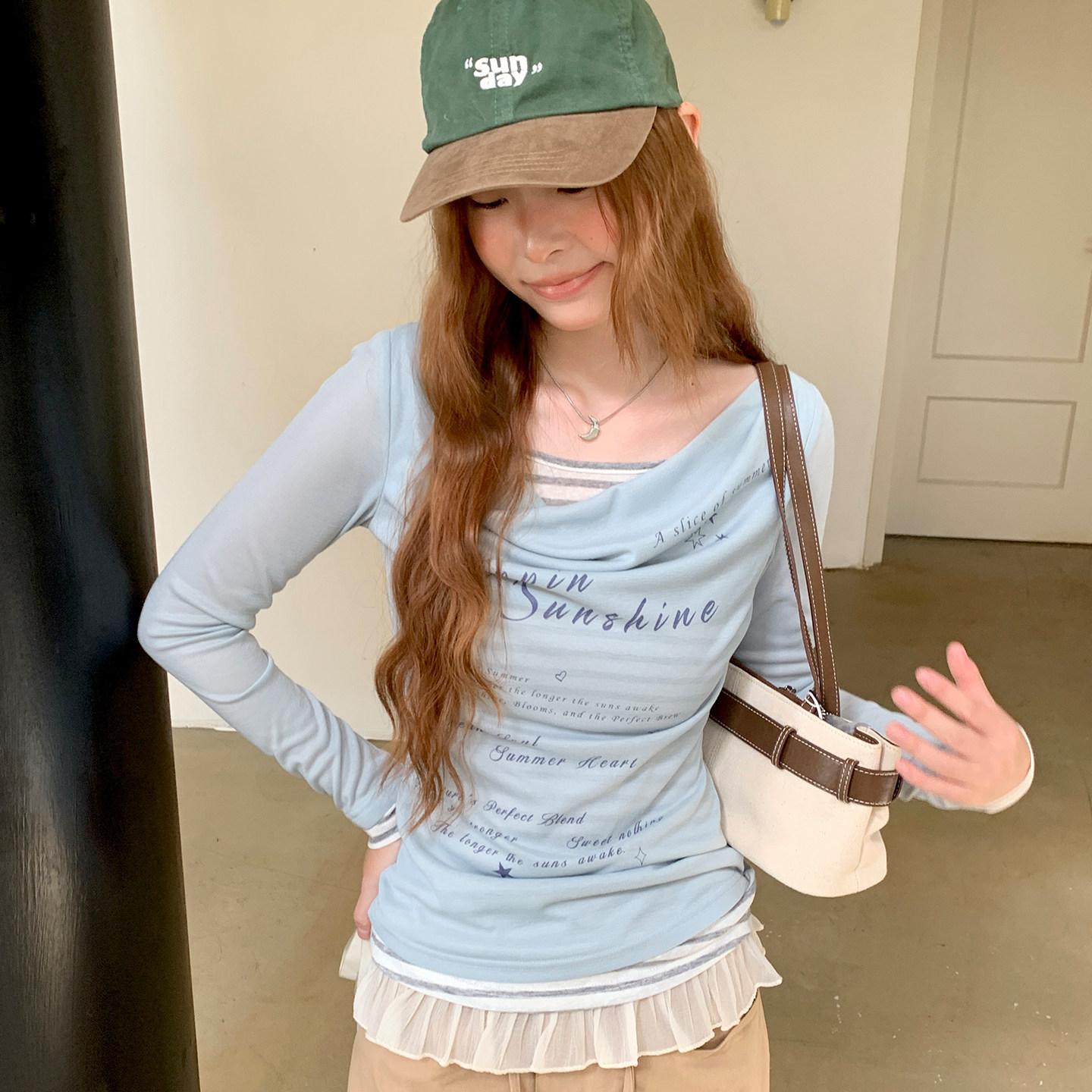 尺尺间Lsland  韩系假两件印花长袖t恤女秋季新款设计感修身上衣,女装/女士精品,T恤,淘宝优惠券,粉丝福利购,淘宝优惠卷