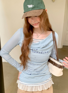 尺尺间Lsland  韩系假两件印花长袖t恤女秋季新款设计感修身上衣