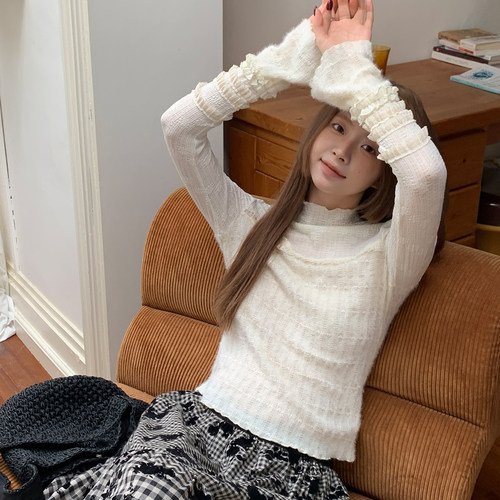 尺尺间Lsland花边提花小高领长袖t恤女秋新款设计感修身显瘦上衣