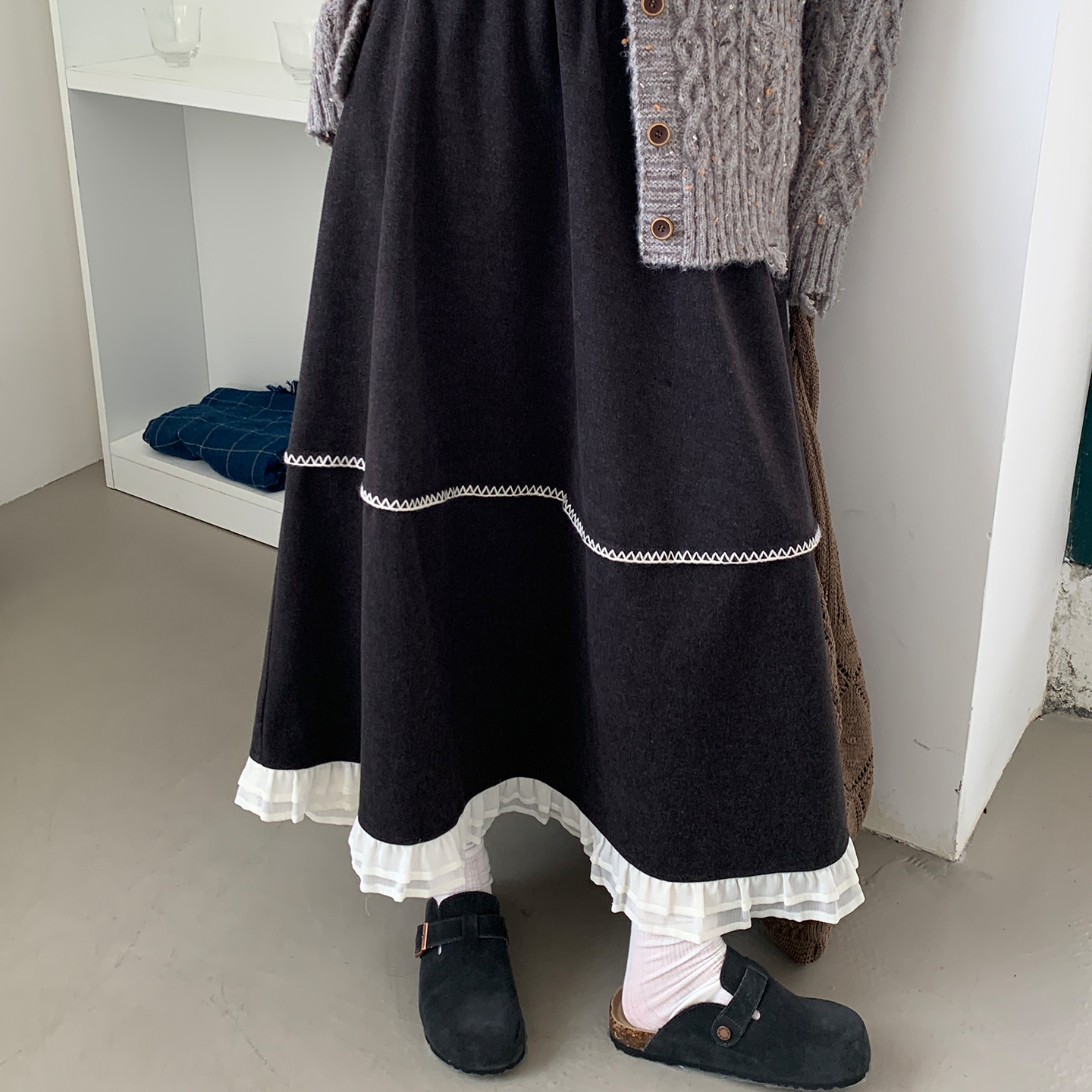 尺尺间Lsland 韩系复古拼接花边半身裙女秋冬新款宽松a字长裙