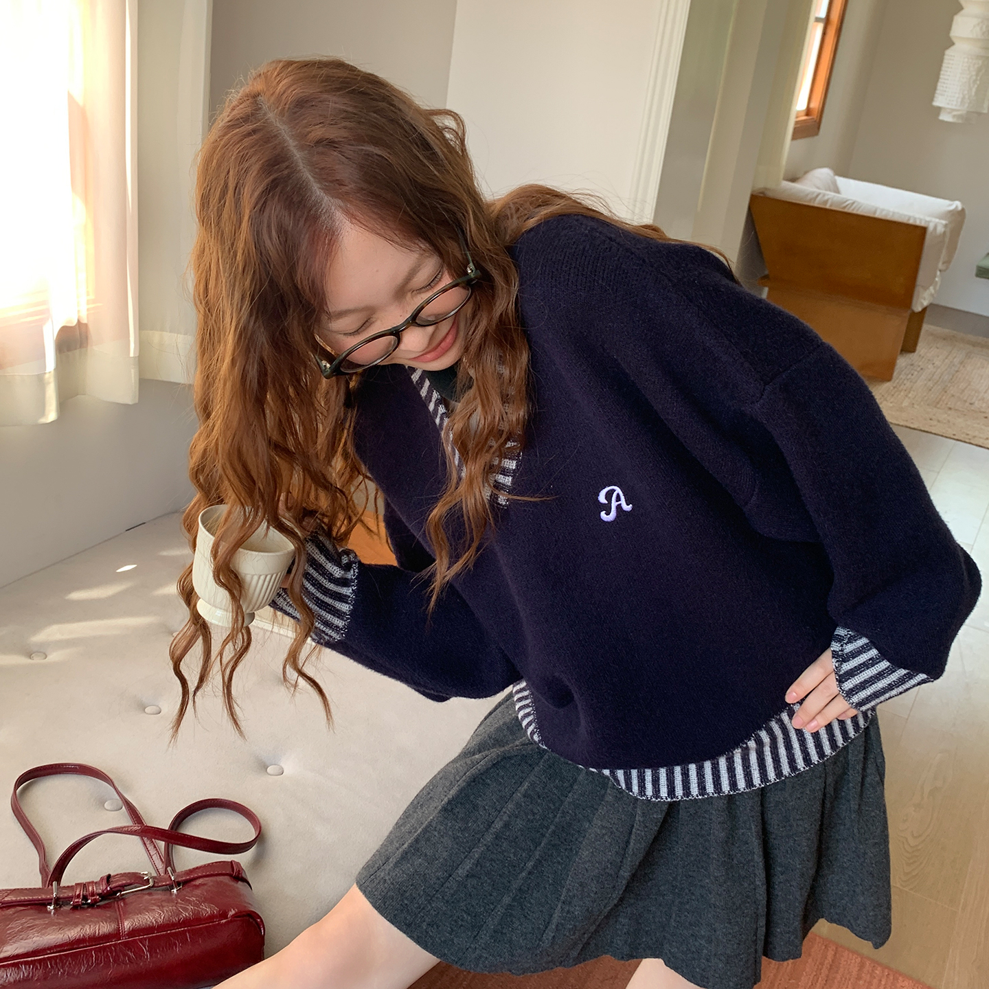 尺尺间Lsland  复古撞色针织套头v领毛衣女秋冬新款宽松慵懒上衣