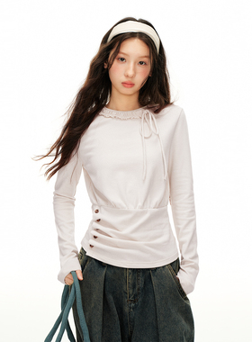 尺尺间Lsland韩系复古捏褶设计感长袖t恤女春季新款收腰显瘦上衣