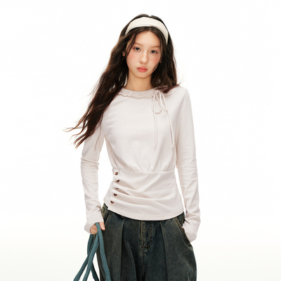 尺尺间Lsland韩系复古捏褶设计感长袖t恤女春季新款收腰显瘦上衣