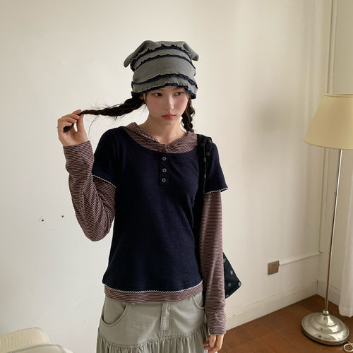 尺尺间Lsland韩系假两件连帽长袖t恤女秋季新款撞色条纹拼接上衣