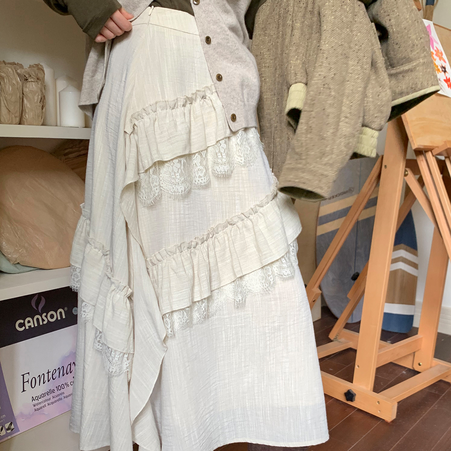 尺尺间Lsland  韩系不规则荷叶边半身裙女秋季新款设计感宽松长裙