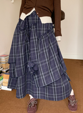 尺尺间Lsland 复古格纹不规则设计感半身裙女秋季新款宽松a字长裙