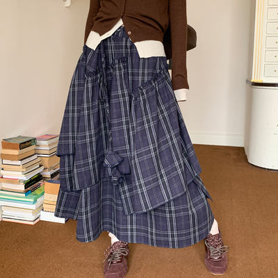 尺尺间Lsland 复古格纹不规则设计感半身裙女秋季新款宽松a字长裙