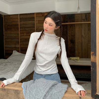 尺尺间Lsland韩系碎花小高领长袖t恤女秋季新款修身打底内搭上衣