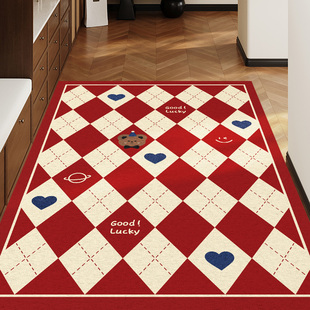 丝圈地垫入户门进门脚垫红色玄关门垫喜庆耐脏可裁剪格子地毯家用