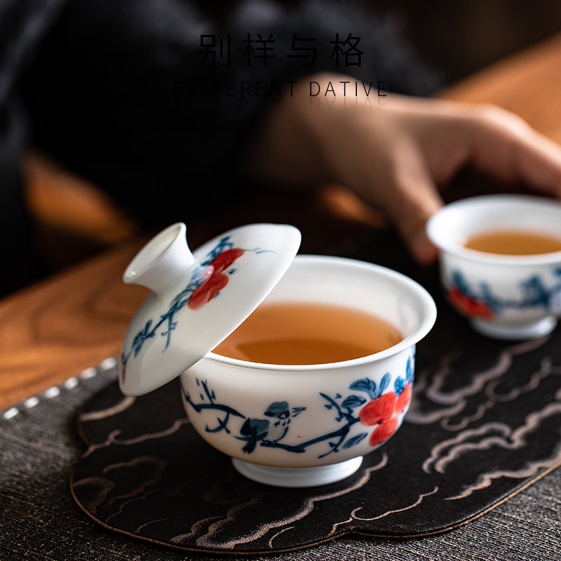手绘柿子悬停二才盖碗茶杯不烫手单个功夫茶白瓷茶具青花瓷釉下彩