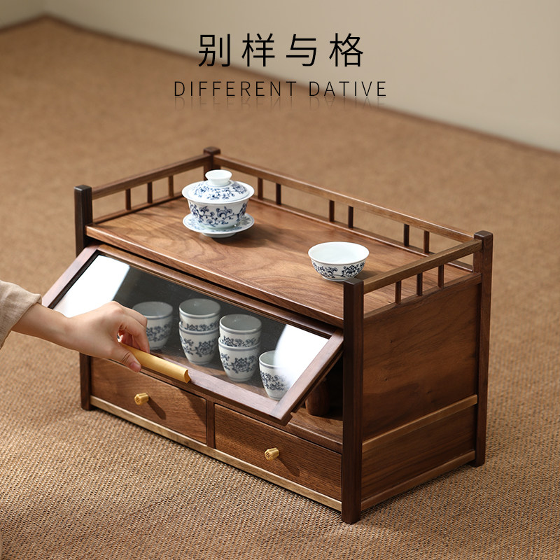 北美黑胡桃木中式实木茶具收纳层架双层博古架带抽屉紫砂茶壶置物