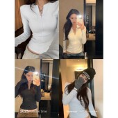 蓝色半开领修身 韩系氛围感上衣 独特减龄早秋季 长袖 T恤女2025新款