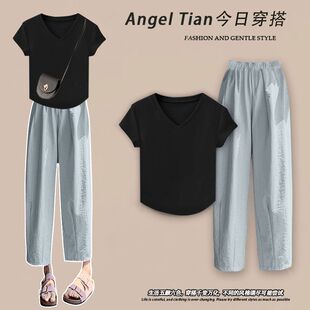 V领正肩T恤上衣搭配阔腿萝卜奶奶裤 时尚 女装 套装 两件套 女2025新款