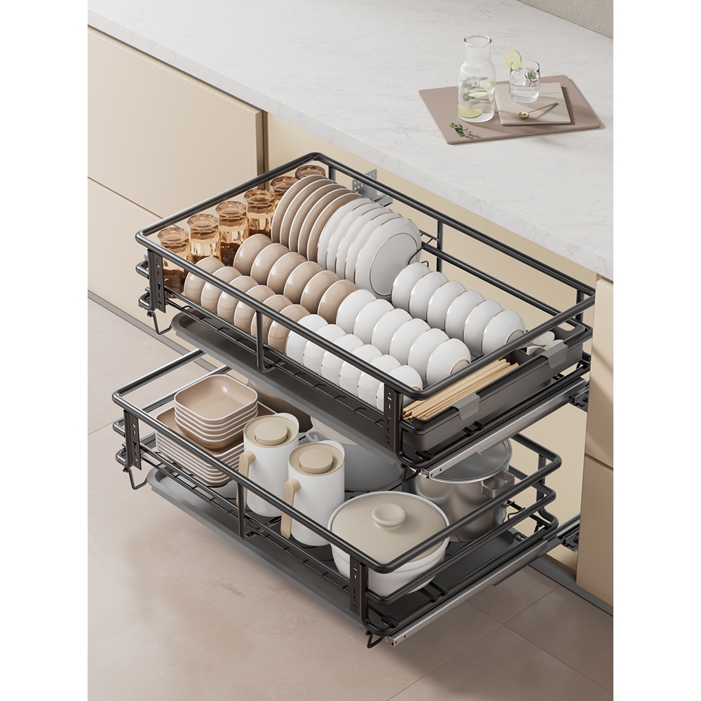 九JOMO牧旗舰店拉篮碗篮厨房橱柜双层抽屉式304不锈钢内置碗架碗