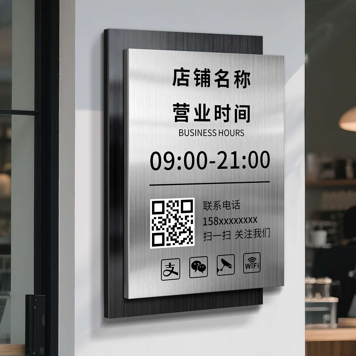 不锈钢营业时间告示牌有事外出挂牌门店打烊休息营业中电话号码挂门提示贴店铺美容院扫码预约二维码信息展示