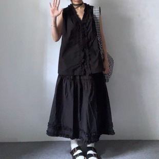 高腰长裙休闲伞裙A字蛋糕裙 肥阿玛日韩ins拼接木耳边半身裙女夏季