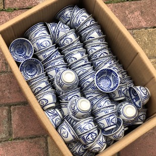 手绘青花锯口茶杯主人杯八十年代出口库存柴烧老瓷器小罐茶陶瓷杯